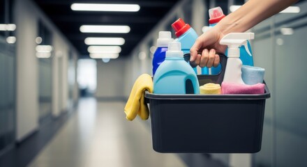 Hand holding a cleaning caddy filled with various cleaning supplies for professional or home use