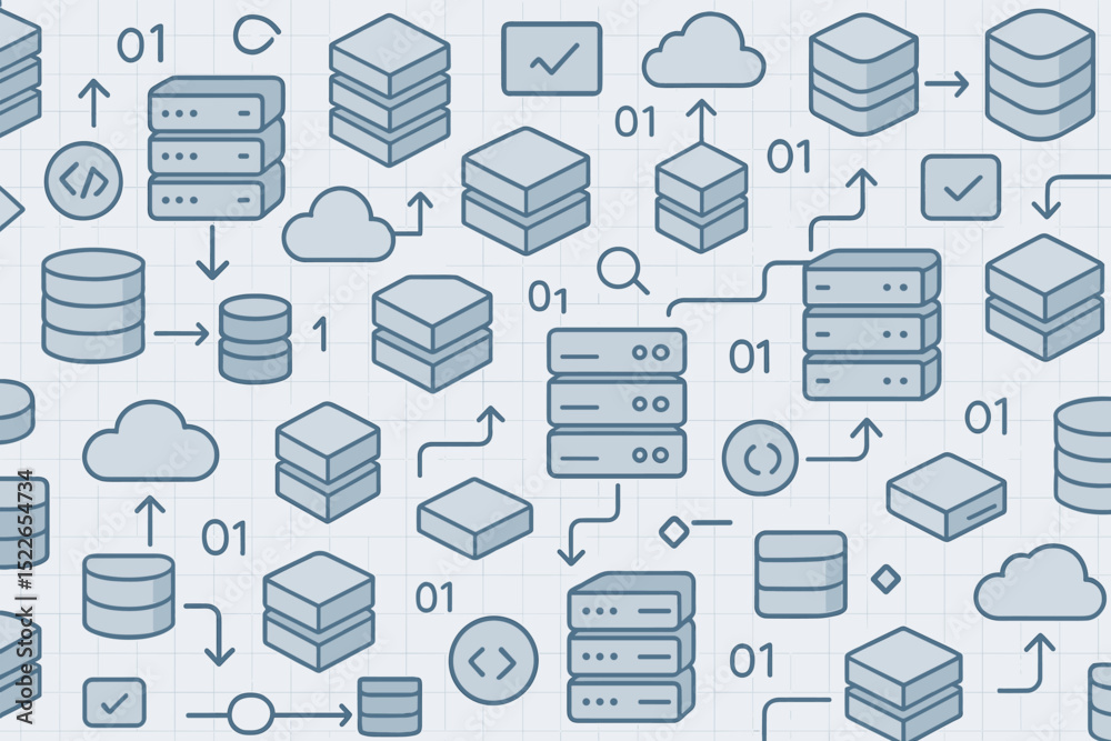 Poster collection of data storage symbols on a grid background with cloud and server illustrations in blue 