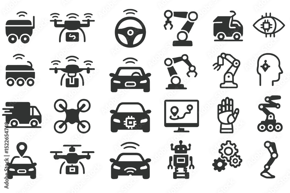Poster various icons representing automation, robotics, and artificial intelligence technologies in a moder