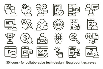 Collection of 30 icons designed for collaborative tech design and bug bounty initiatives in a modern style