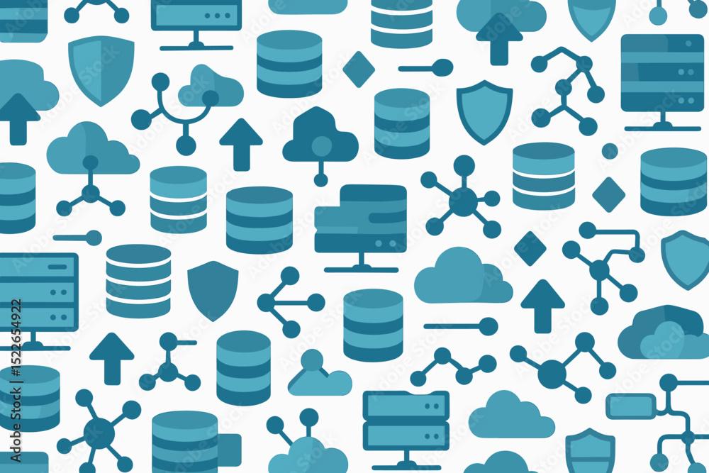 Poster digital patterns showcasing various data storage and security icons, emphasizing technology and mode