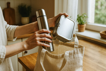 Close-up of hands placing reusable thermos and lunchbox into eco bag in cozy kitchen. generative AI