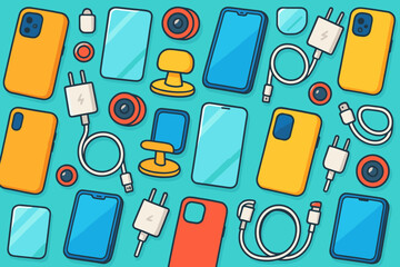 Colorful smartphone accessories and devices arranged in a vibrant pattern on a teal background creating a modern tech aesthetic