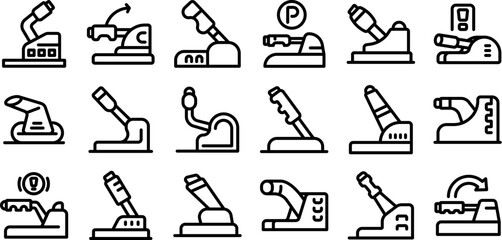 Handbrake icons set. Line icons representing different types of handbrakes, including parking brakes and emergency brakes, for various vehicles