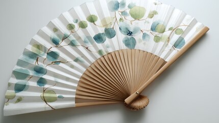 Elegant hand-painted fan with blue and green leaves on a white background for decor or crafting
