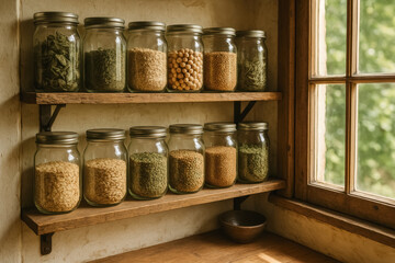 Jars with dried grains and herbs on rustic wooden kitchen shelves in natural light. generative AI