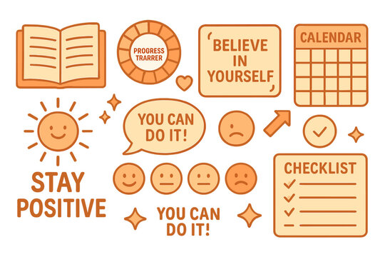 Motivational elements featuring affirmations and organization tools for personal growth and positivity