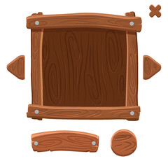 Wooden game buttons and banners. Game interface buttons in cartoon style.