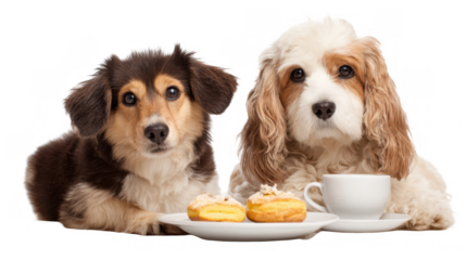 Two cute dogs are sitting and enjoying a plate of delicious pastries and a cup of coffee, isolated on a transparent background, perfect for pet related projects