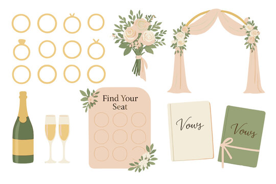 Elegant wedding decorations with rings, champagne, floral arrangements, and seating chart in soft colors