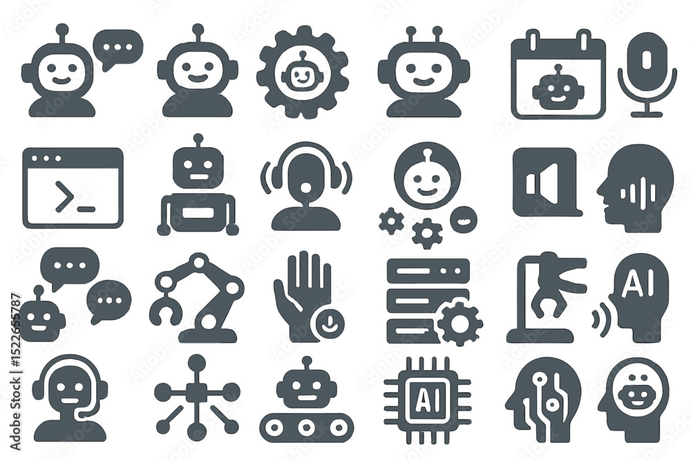 Poster graphic representation of artificial intelligence concepts featuring robots, chat interfaces, and va