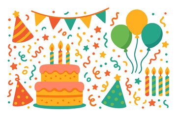 Colorful birthday party decorations with cake, balloons, and celebration elements