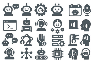 Graphic representation of artificial intelligence concepts featuring robots, chat interfaces, and various tech symbols