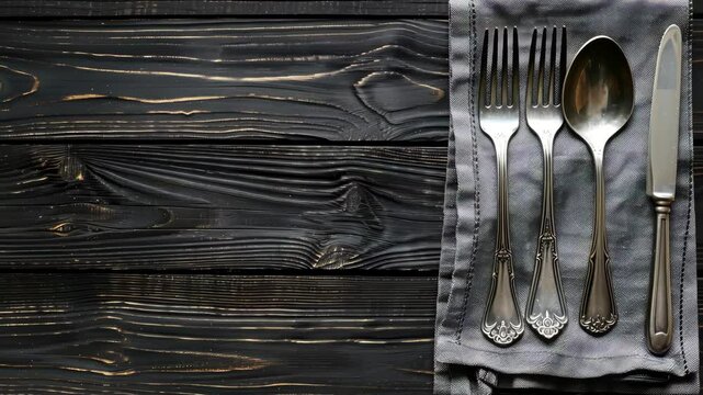 Set of polished silverware placed neatly on a gray napkin atop rich black wood, showcasing an inviting dining arrangement