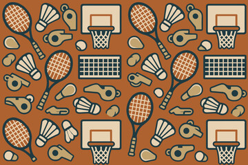 Sports equipment pattern featuring basketball and tennis elements on a vibrant background