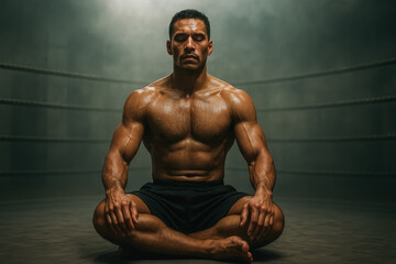 Shirtless muscular man meditating in boxing ring after intense workout. generative AI