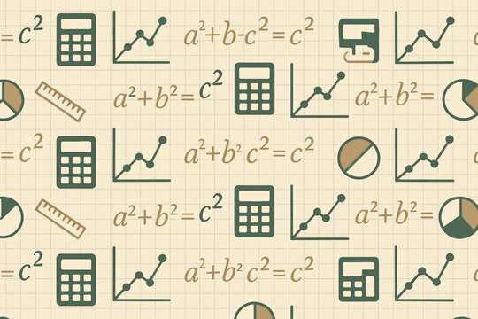 Seamless pattern with math symbols, graphs, and calculators