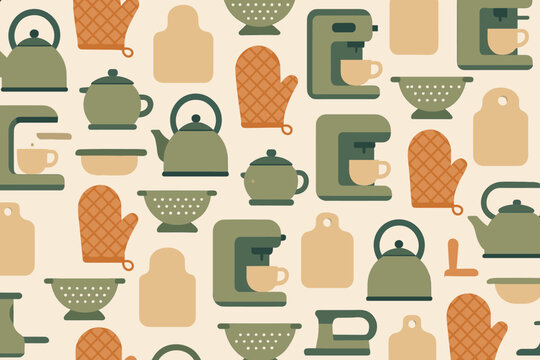 Seamless kitchen utensil pattern with kettles, mitts, and coffee makers