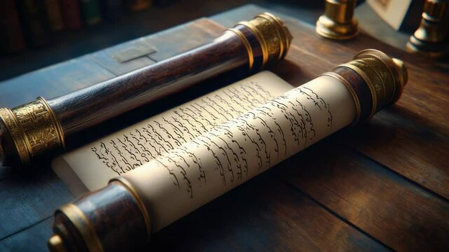 Ancient scroll with writing, alongside a thick leather book on wood surface.
