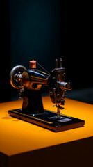 Fototapeta premium Vintage sewing machine displayed artistically on a bright orange table under soft dramatic lighting