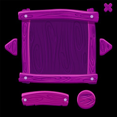 Wooden game buttons and banners. Purple Game interface buttons in cartoon style.
