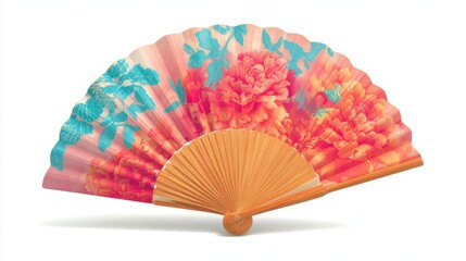Decorative Hand Fan with Floral Design in Vibrant Colors of Pink and Blue on a White Background