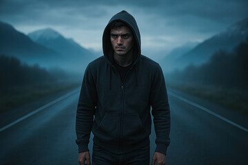 Man in hoodie walking alone on foggy road between mountains at dawn, determined. generative AI
