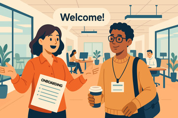 Cheerful office scene with employee welcoming new hire on first day