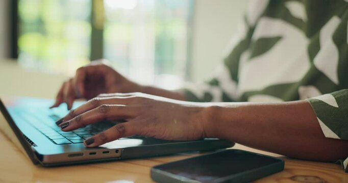 Laptop, typing and hands of woman in office for research, communication or email online. Technology, keyboard and female person with computer for drafting task, project or report in workplace.