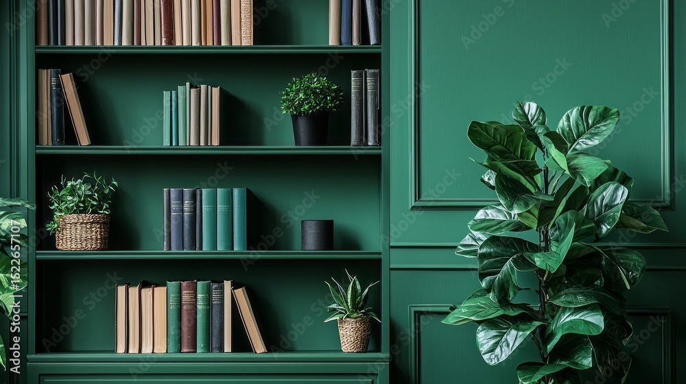 Poster Shelving unit displaying a curated collection of books and decorative plants in a vibrant green setting