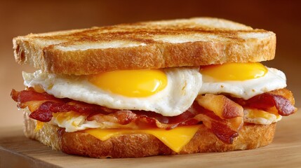 Ultra quality image of american Breakfast, A bacon and egg sandwich between two slices of toasted bread.