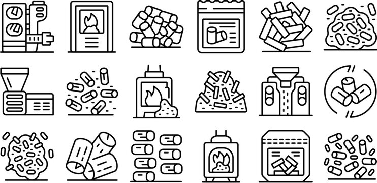 Wood pellets icons set. Wood pellets manufacturing process, packaging, and burning in fireplaces and stoves