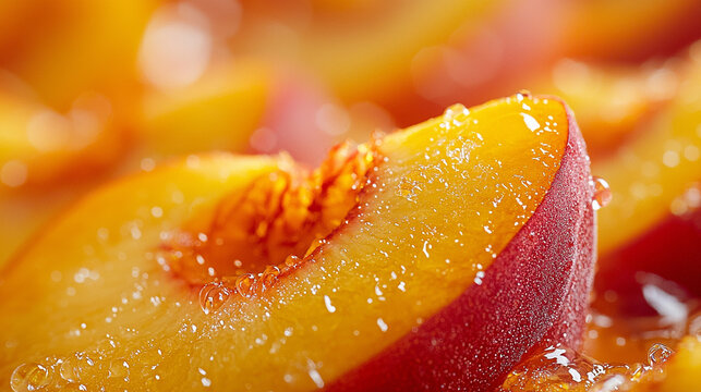 Close-up of a juicy peach slice with water droplets in a macro food photography shot