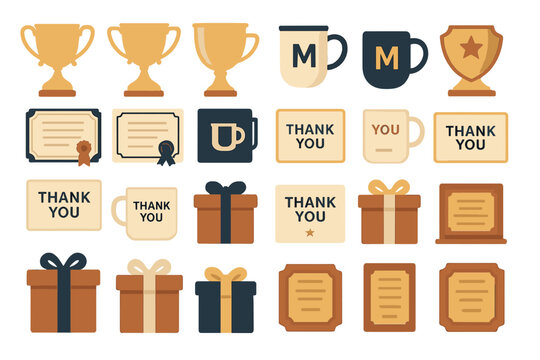 Recognition and appreciation icons with trophies, gifts, and thank-you notes