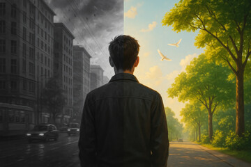 Man facing contrasting city scenes—one dark and rainy, one bright and peaceful. generative AI