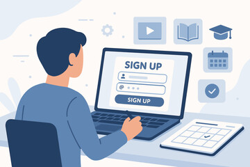 User registering for an online course on a laptop with educational icons and calendar in the background