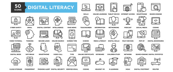 50 Digital Literacy icon set. Containing design Digital book, Information Literacy, E-learning Students, Media Literacy, Search Engine