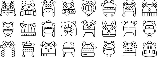 Naklejka premium Baby knitted hat icons set. Bundle up in style with charming winter hats adorned with cute animal faces, perfect for keeping little ones warm and cozy