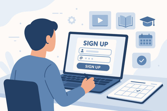 User registering for an online course on a laptop with educational icons and calendar in the background