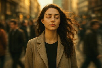 Woman with eyes closed in busy golden-hour city street, calm among movement. generative AI