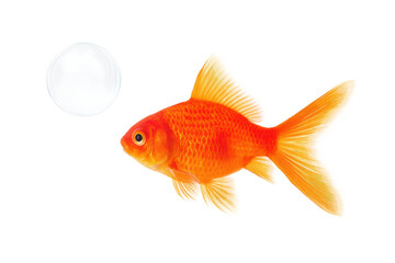 Vibrant goldfish with bubbles on white background, cut out