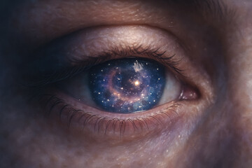 Naklejka premium Extreme close-up of eye with galaxy inside pupil, surreal cosmic vision and consciousness symbol, generative AI
