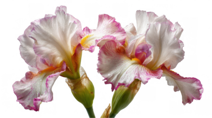 Delicate iris flowers with white and pink petals unfurling, revealing vibrant yellow and orange centers against a transparent background, exuding natural elegance
