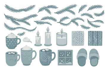 Cozy winter items including mugs, candles, and decorative elements for a festive atmosphere