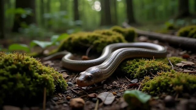 Shiny snake slithering on mossy forest ground

