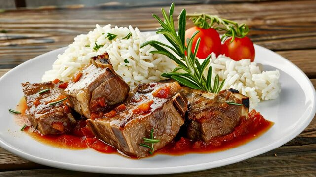 Enjoy a flavorful beef stew with tender chunks of meat, served alongside fluffy rice and garnished with fresh tomatoes and herbs