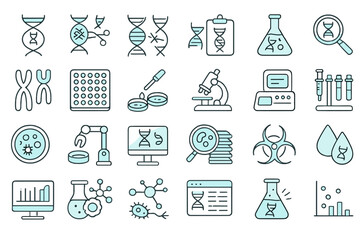 Fototapeta premium Collection of laboratory icons including DNA, microscopes, and scientific equipment for research and analysis in biotechnology