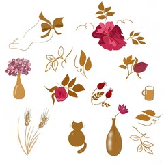 A set of brown and red symbols, flowers, a cup, a cat, a vase, leaves, a leg