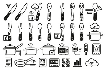 Smart kitchen and connected cooking icon set with utensils and IoT tech