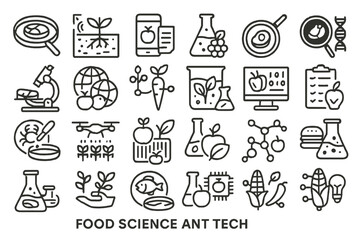 Food science and technology icons depict various elements of research and innovation in the food industry
